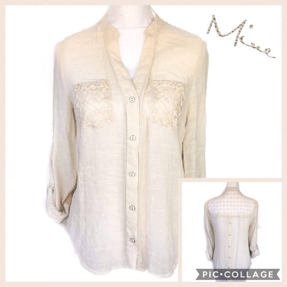 mine Cream Embroidery Detail Button Back Top Sz L